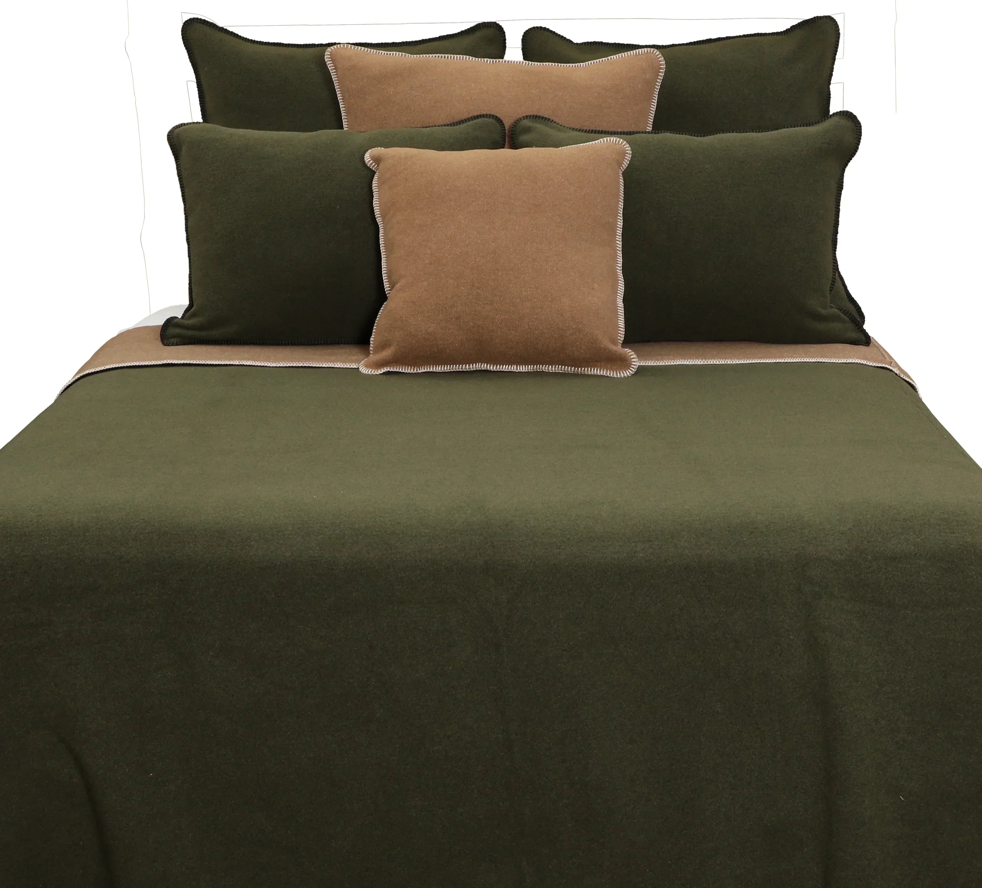 American made green bedspread with brown and green pillows on a white background - Your Western Decor