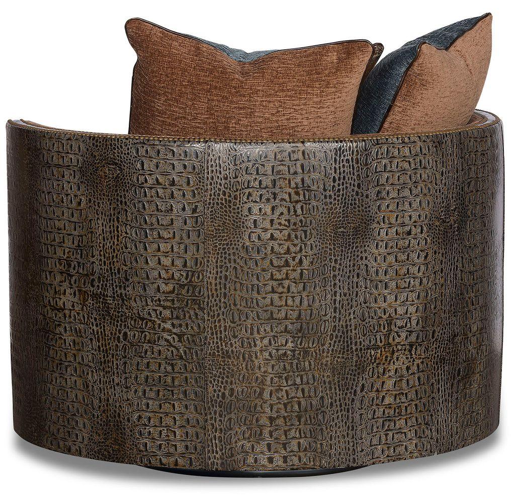 Embossed croc outer side of custom made swivel chair with pillows - Your Western Decor