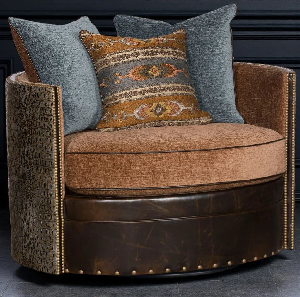 Sonora swivel barrel chair with brown fabric, embossed croc leather, and smoot leather front. 3 accent pillow - American made - Your Western Decor