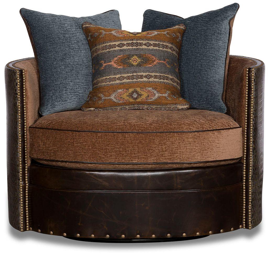 Front of rustic swivel barrel chair with brown fabric cushion and pillows, leather outside - American made luxury furniture - Your Western Decor