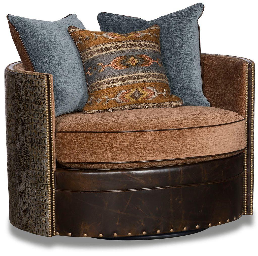 Brown swivel chair with patterned cushions - Luxury American made furniture by Paul Robert - Your Western Decor