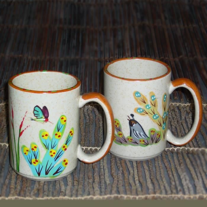 Hand painted Sonoran Desert mugs featuring quail, cactus, and hummingbird