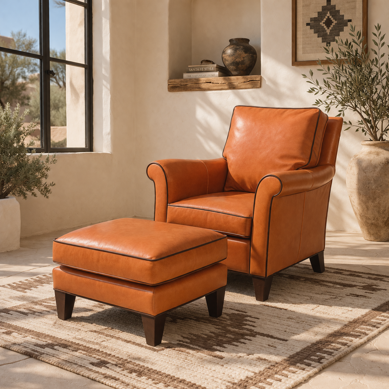 Burnt sienna southwestern leather chair and ottoman in modern desert style living room with warm neutral tones. American made furniture