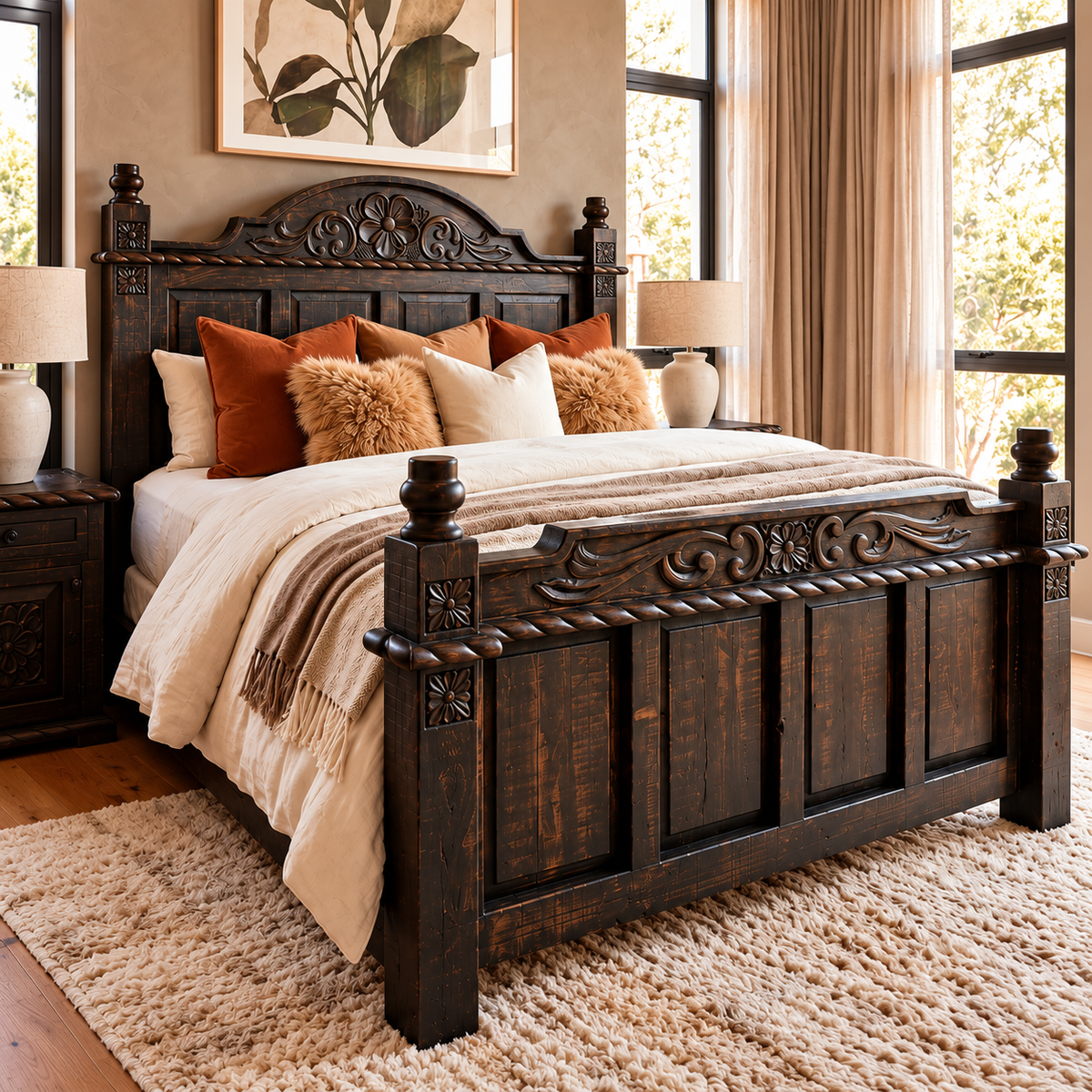 A dark carved wooden bed frame with a matching footboard is styled in a warm, rustic bedroom with beige walls, large windows, and neutral-toned bedding and pillows.