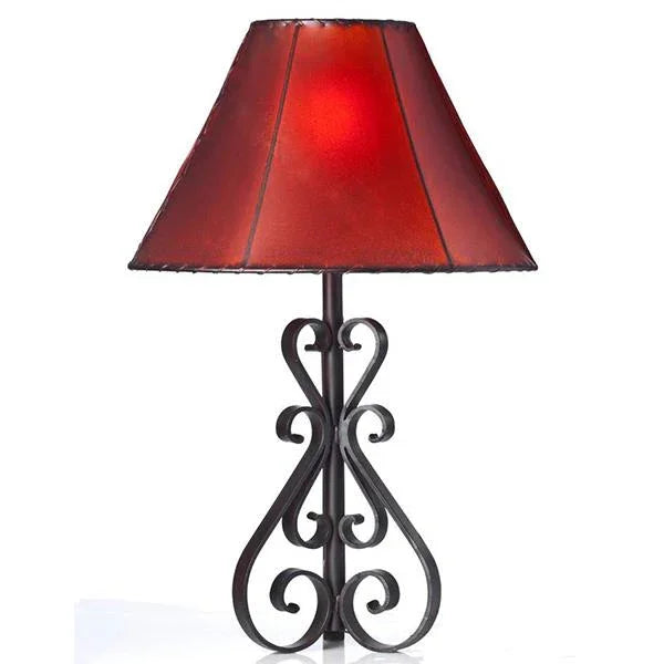 Spanish Forge Iron Table Lamp with red rawhide lamp shade, Made in Mexico - Your Western Decor