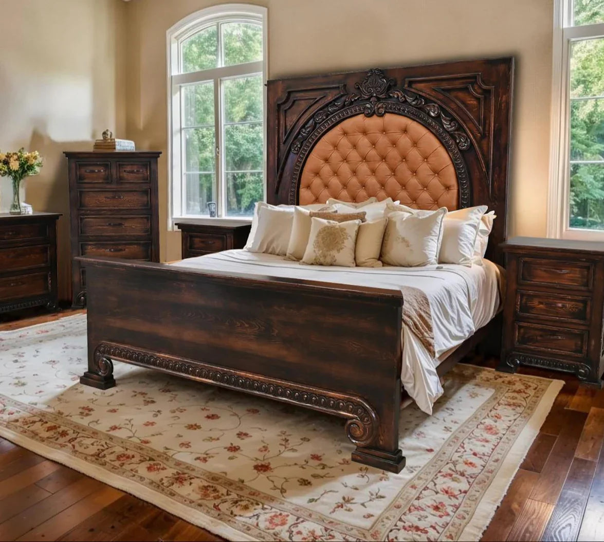 Handmade and hand carved Spanish Manor Tufted Leather Bed - Your Western Decor