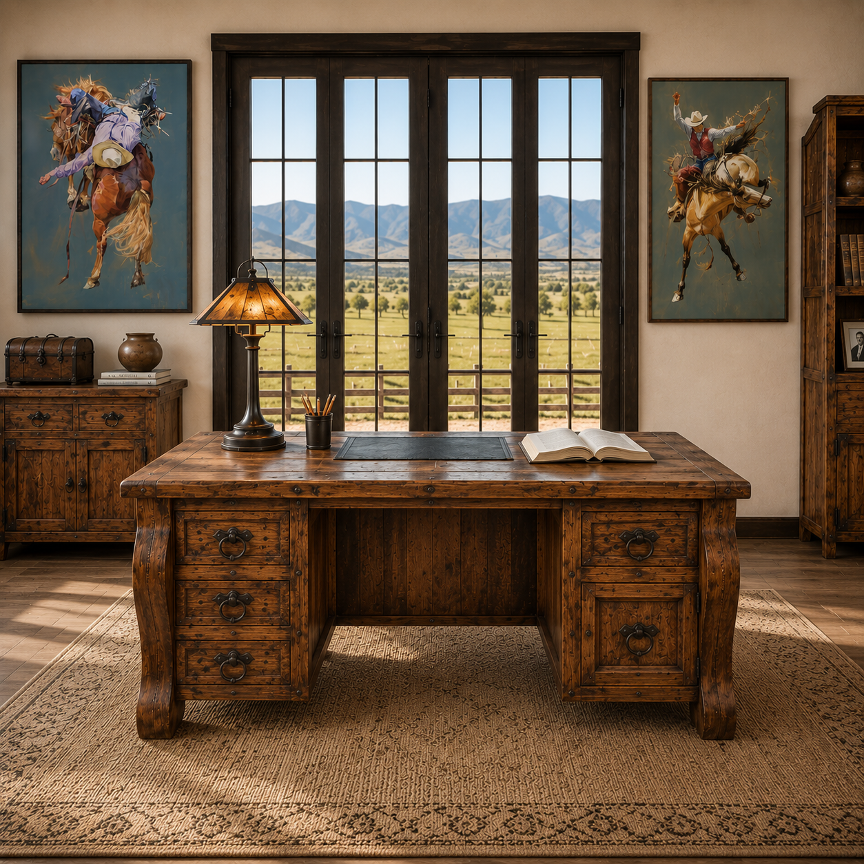 Handmade in Mexico, rustic wood desk and rodeo western art