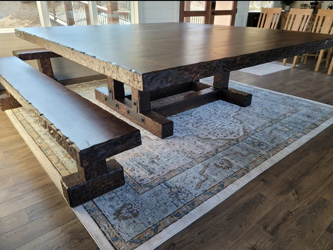 American made rustic Knotty Alder Square Dining Table with matching benches - Handmade in Texas - Your Western Decor