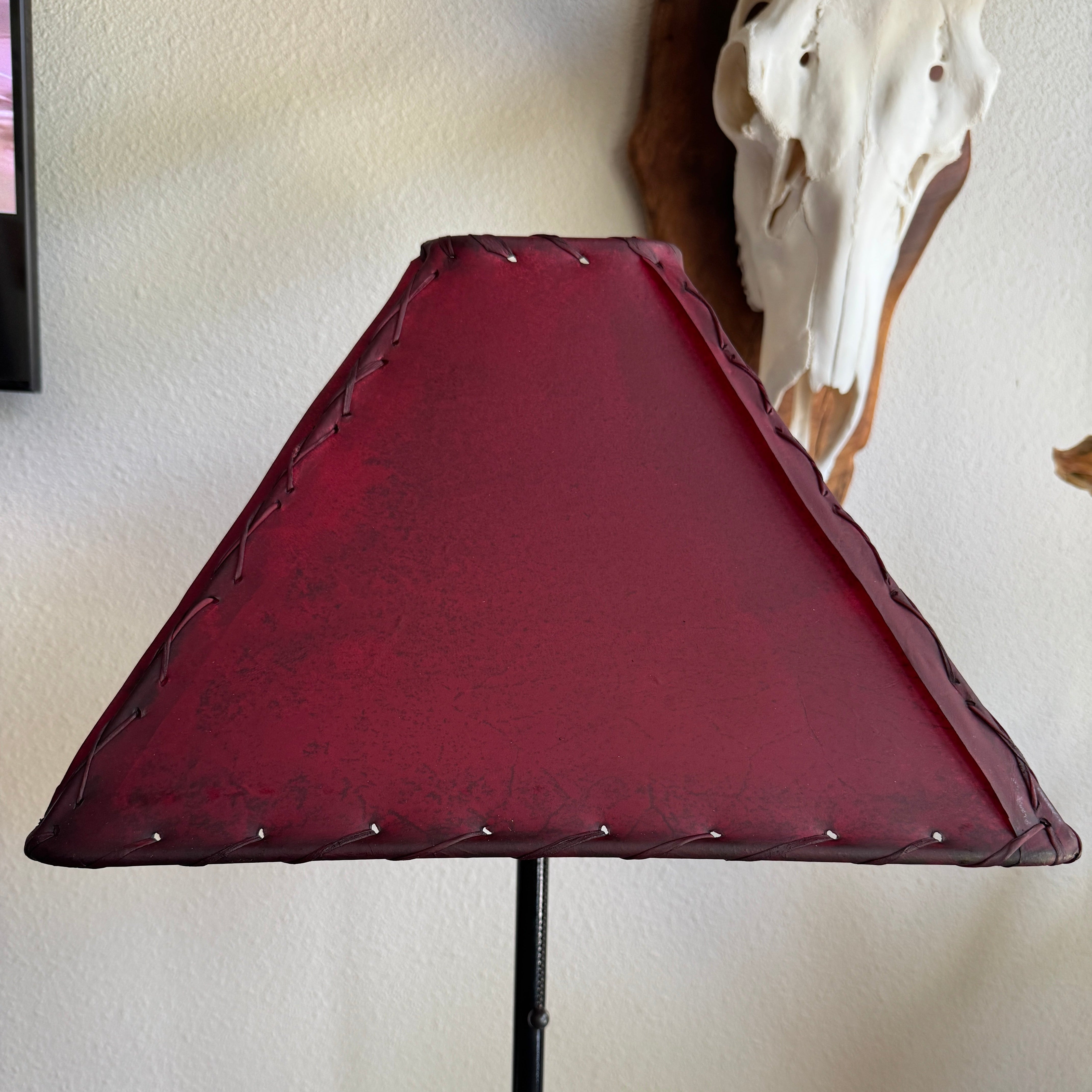 Square red rawhide lamp shade