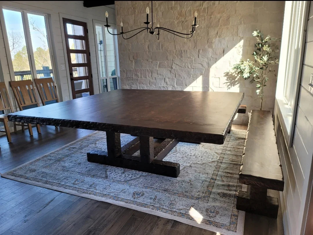 American made rustic Knotty Alder Square Dining Table with matching benches - Handmade in Texas - Your Western Decor