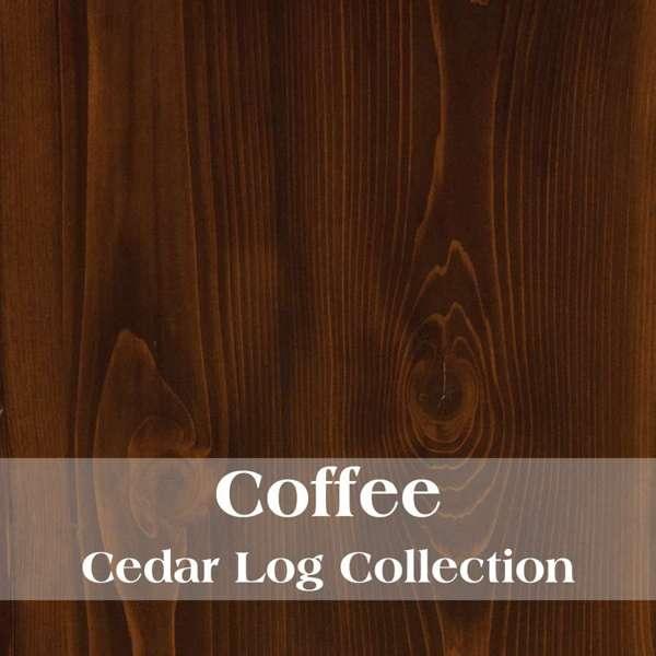 Close-up of a wooden log with 'Coffee Cedar Log Collection' text overlay - Your Western Decor