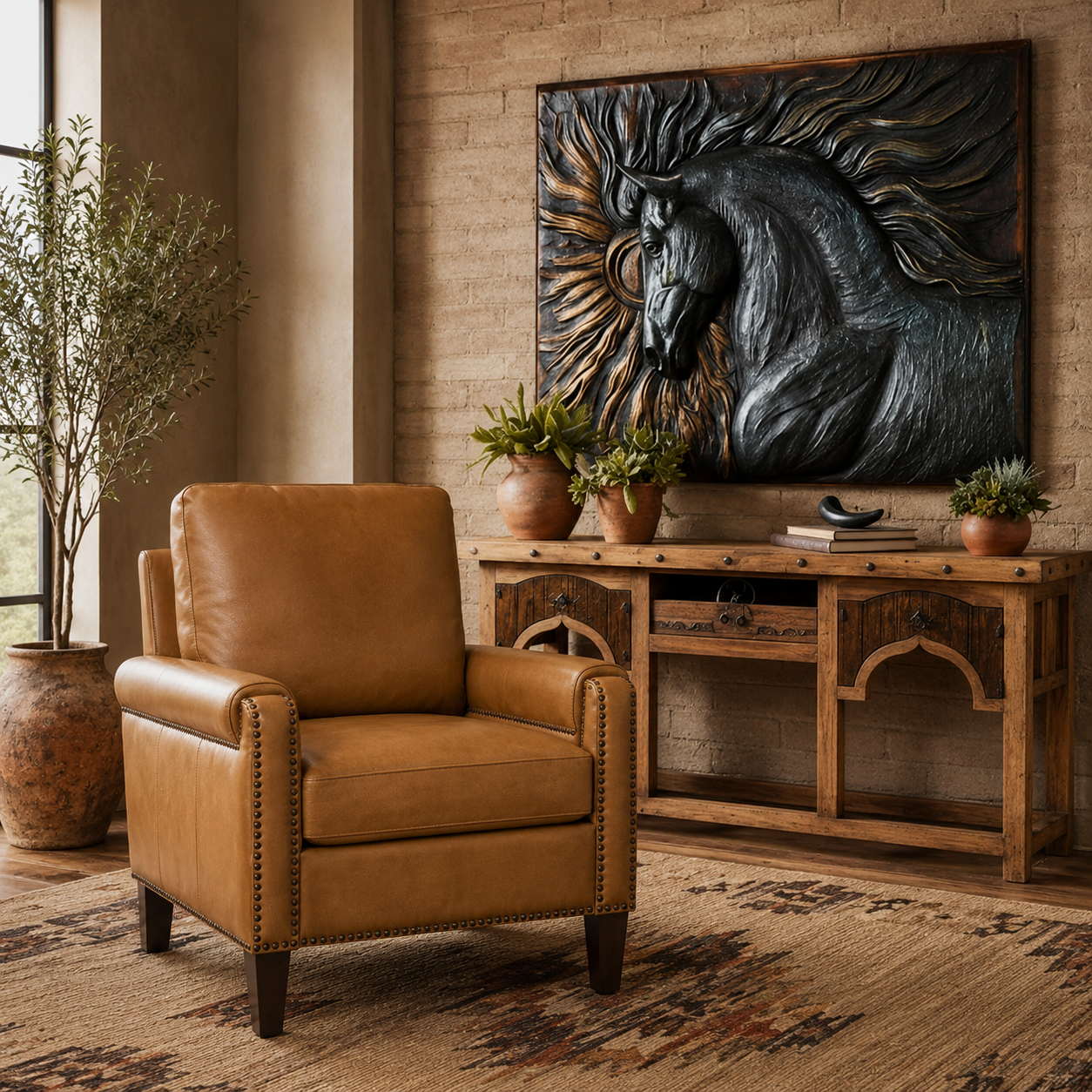 Lone Stallion 3D wall sculpture with camel leather accent chair