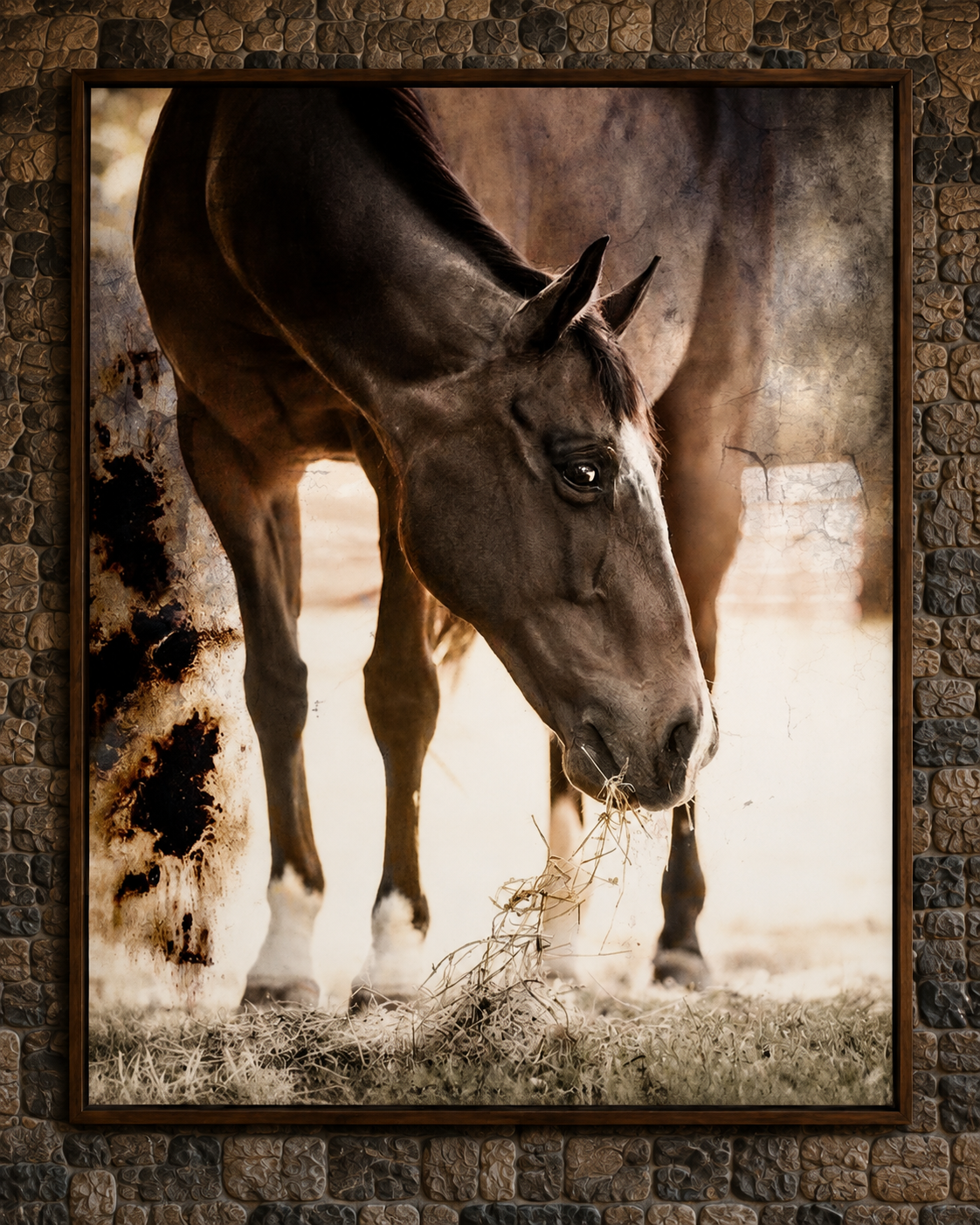 Starzie Canvas Horse Art featuring a grazing bay horse in warm natural light.