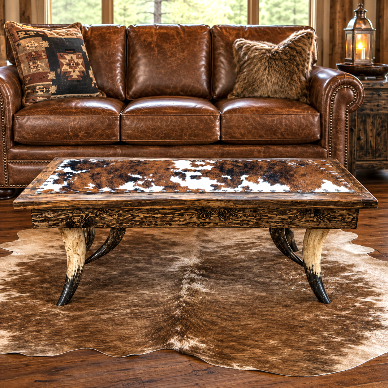 Western living room with leather sofa and steer horn cocktail table with cowhide surface