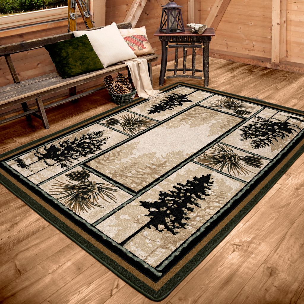 Decorative rug with pine tree design on a wooden floor in a cozy room - Your Western Decor