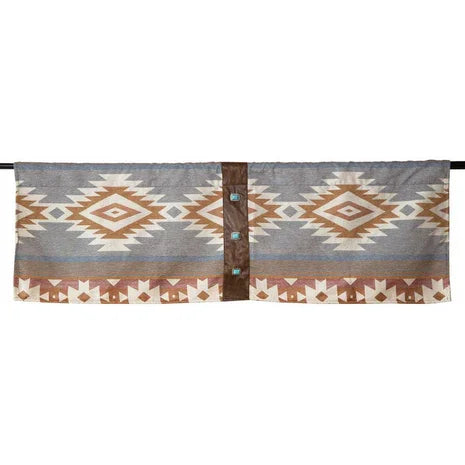 Stone River Southwestern Valance with greys, taupe, tan, brown, off-white, and terra cotta in Aztec patterns - Your Western Decor
