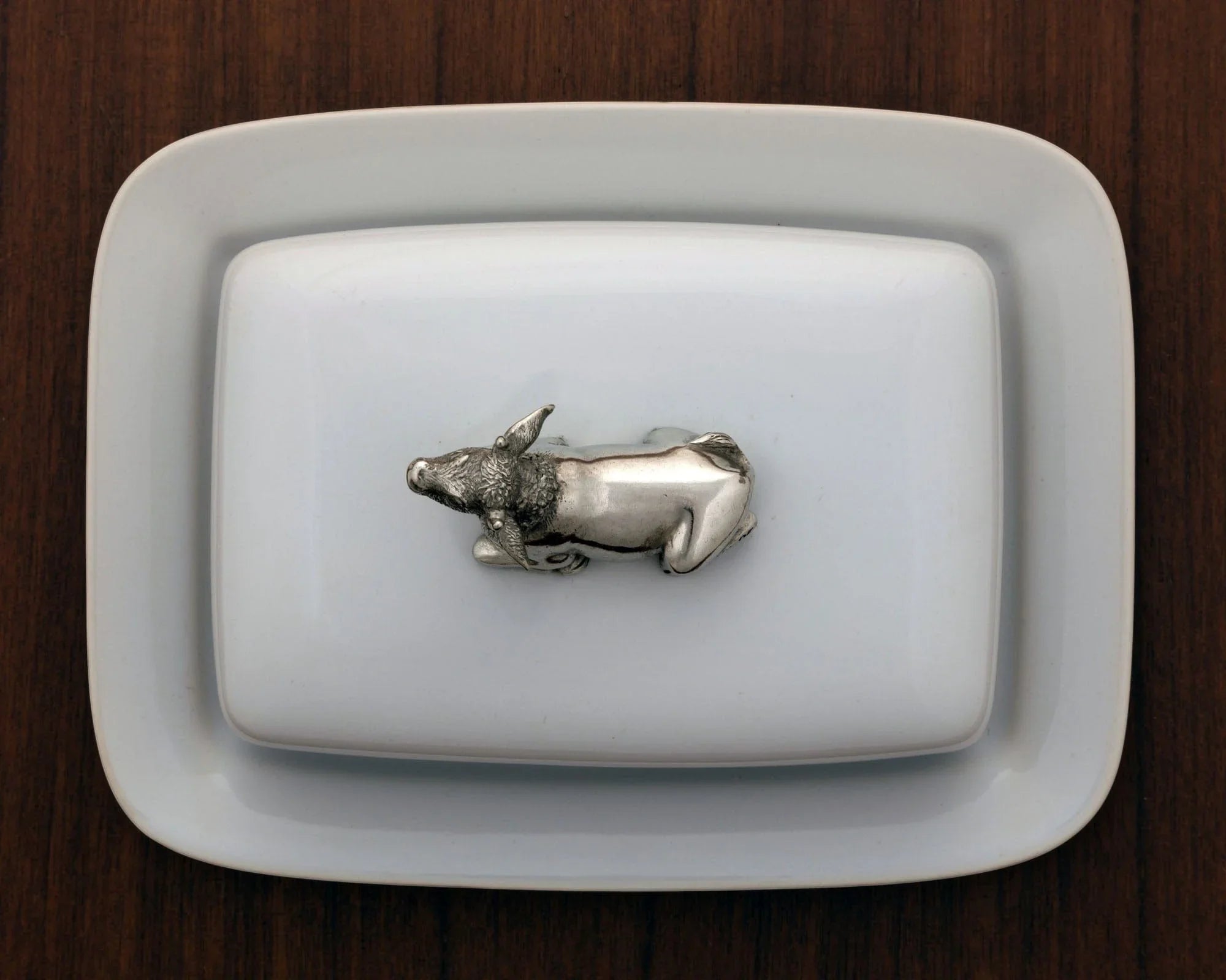 White stoneware large butter dish with pewter cow - Your Western Decor