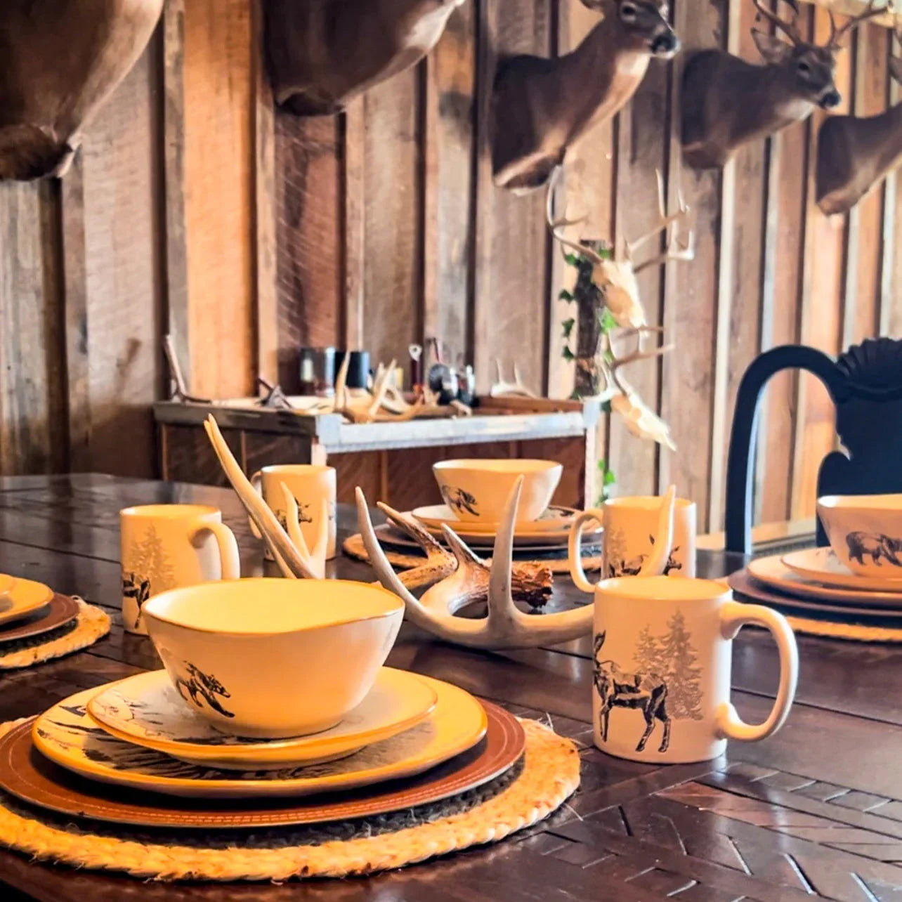 Lodge table setting with Wilbur Pine Wildlife Dinnerware Sets - Your Western Decor
