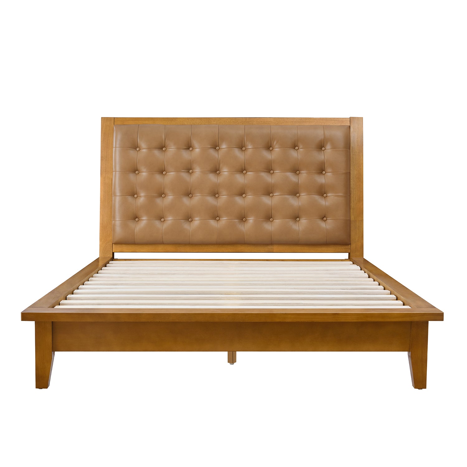 Front facing view of leather tufted headboard bed frame