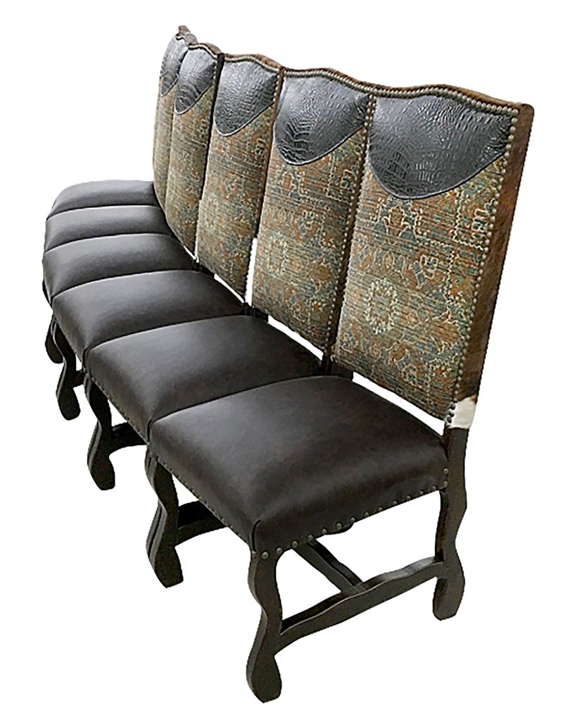 Row of leather, cowhide, and fabric dining chairs - Your Western Decor