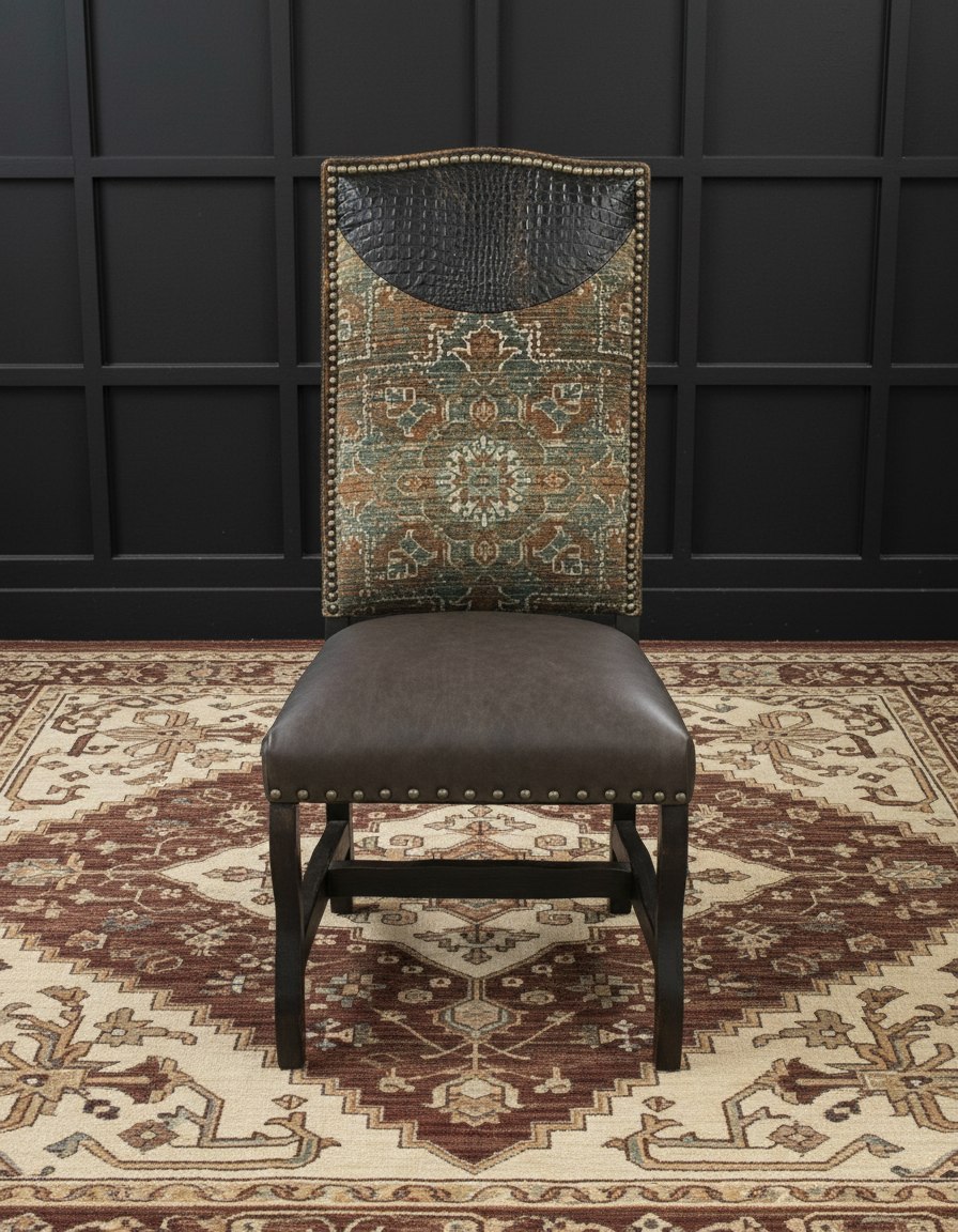 tapestry dining chair with croc, leather, and cowhide upholstery - Your Western Decor