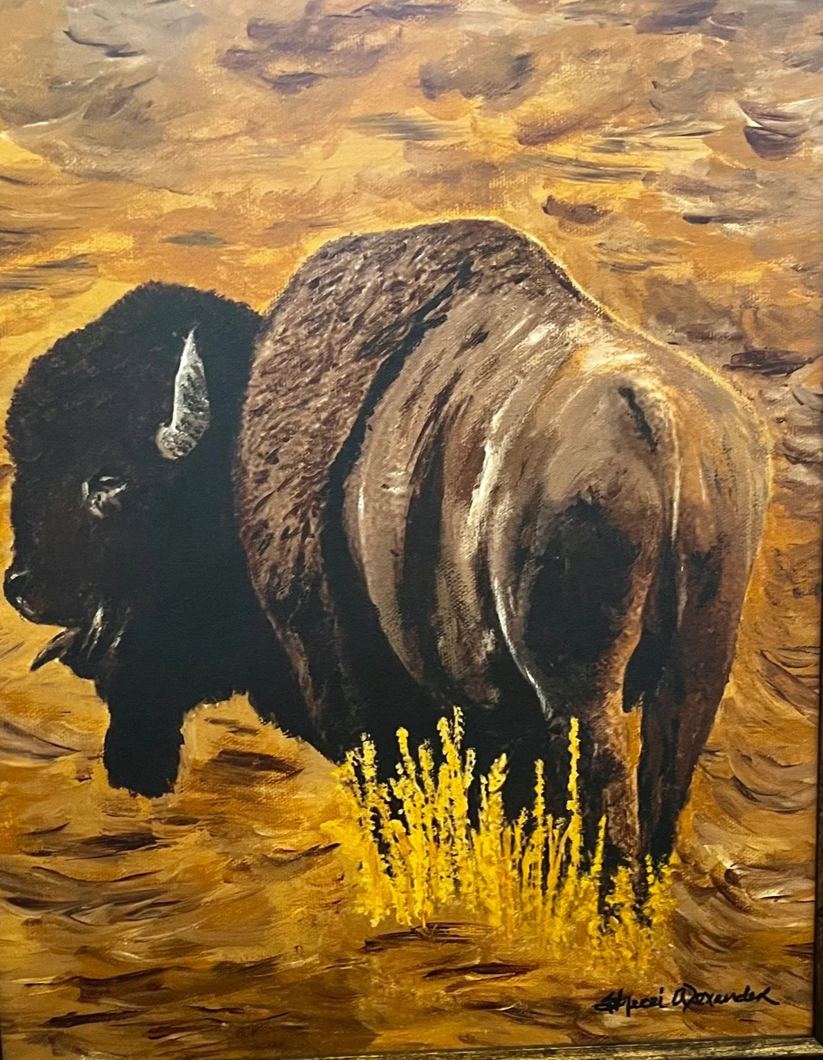Painting of a bison in a natural setting with a warm color palette - art by Sherri Alexander - Your Western Decor
