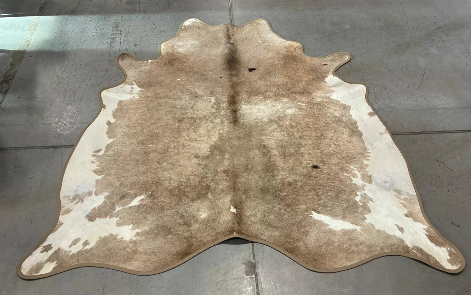 Taupe and white cowhide rug with leather trim - Your Western Decor