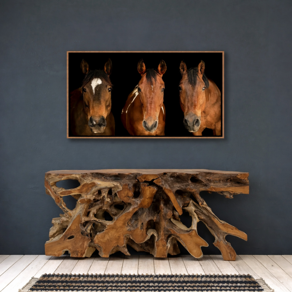 natural teak root console table sculptural solid wood entry table organic modern furniture, shown with Trio of Horses Canvas Art