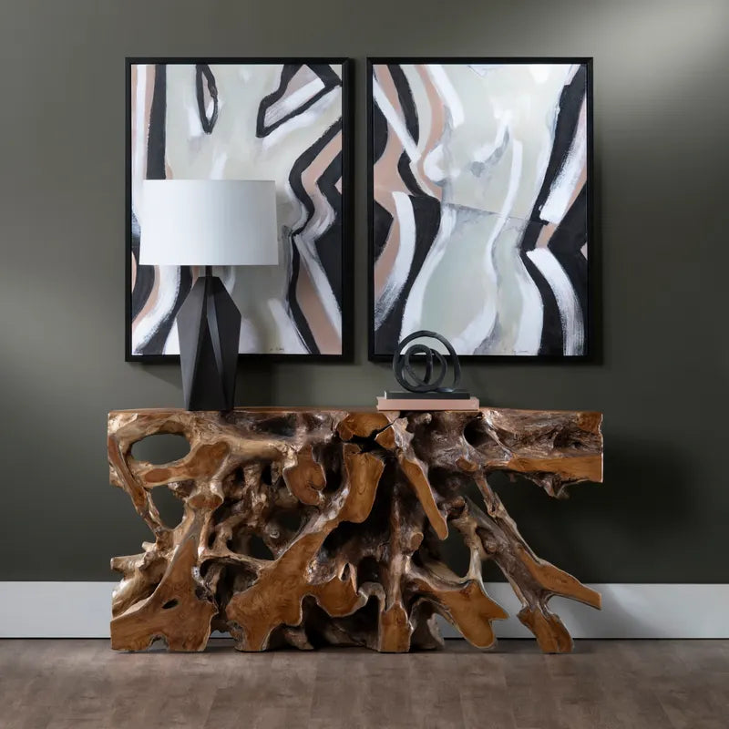 solid teak console table sculptural root base one of a kind design, staged in modern space