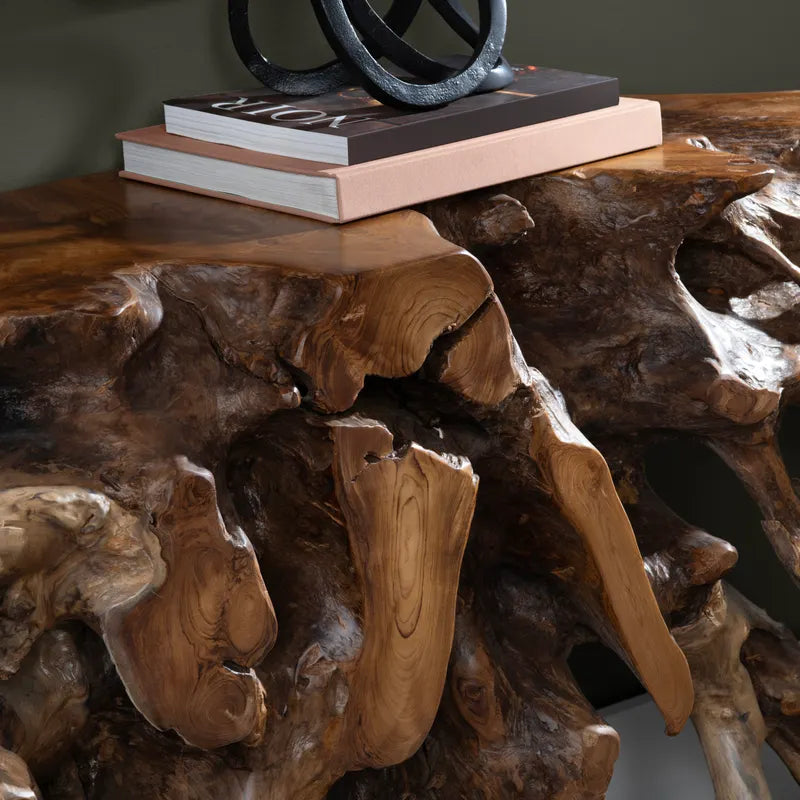 Teak wood console table front detail