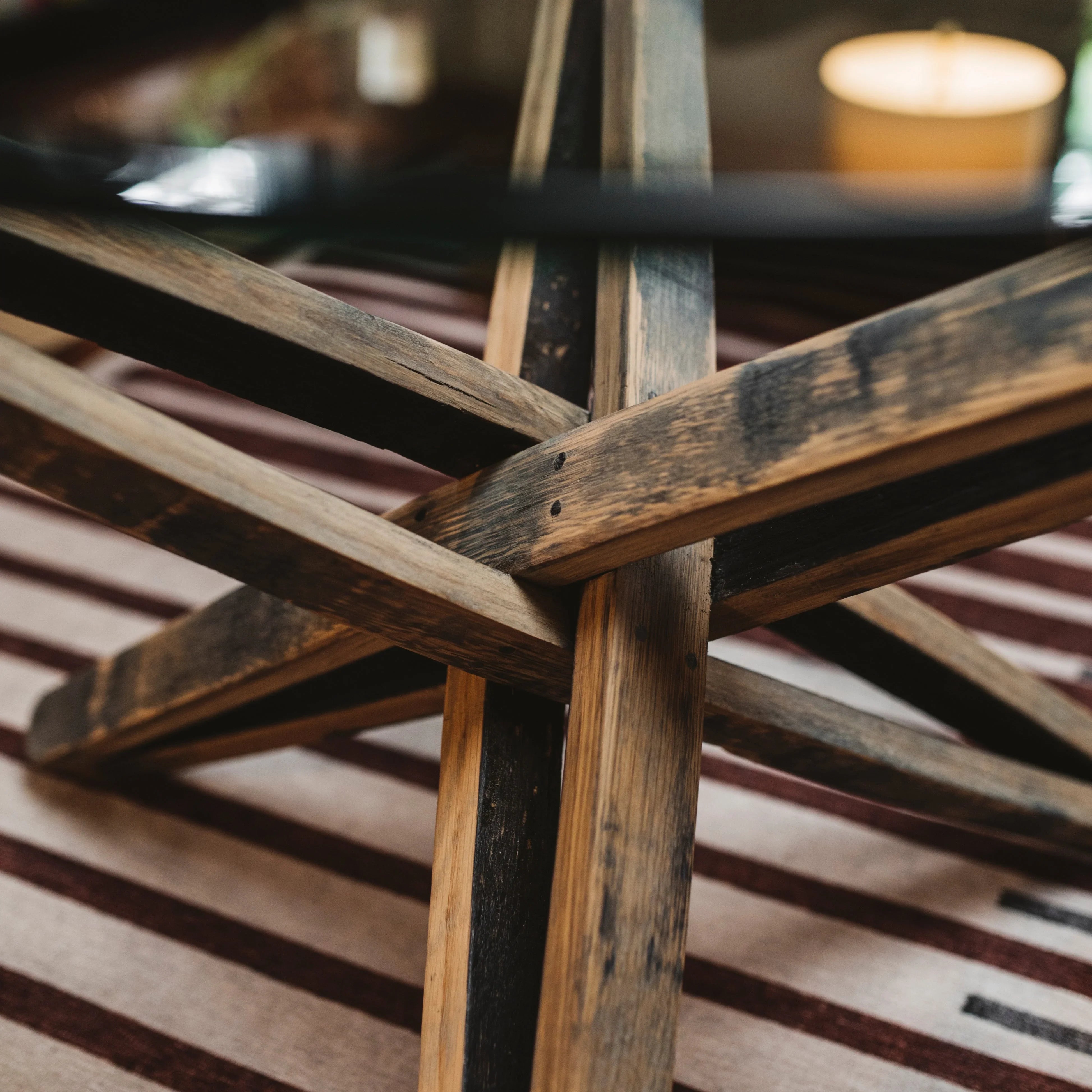 Side table made from tequila barrel staves with a round glass top, made in the USA - Your Western Decor