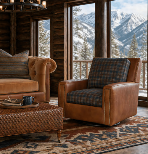 Cozy living room with brown leather armchair, brown sofa, and wooden coffee table in front of a large window with mountain view.