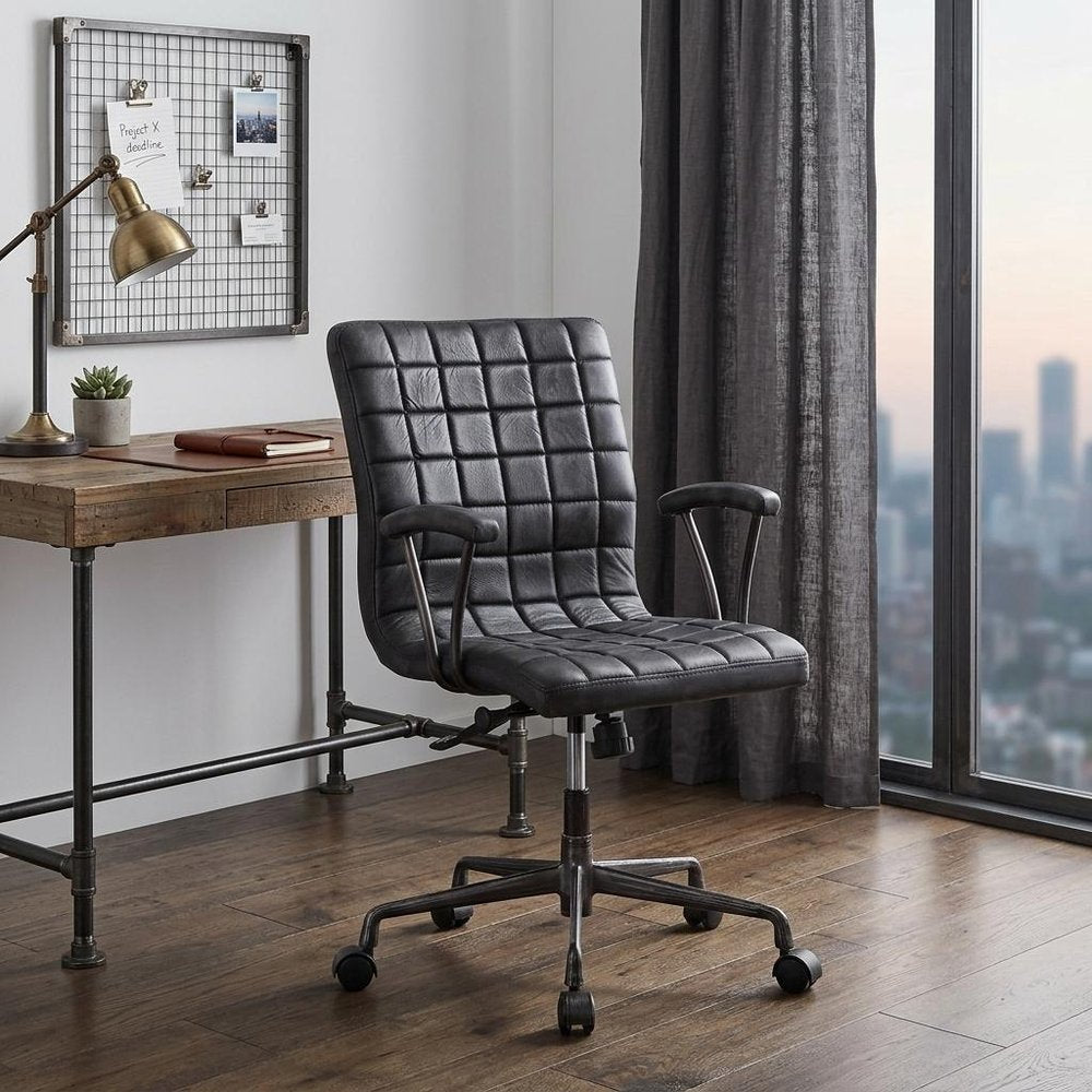 Teton biscuit tufted, full grain black leather desk chair