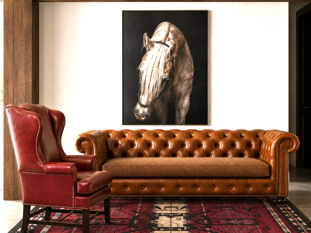 Teton Chesterfield leather sofa in luxury western living room with horse artwork and rustic modern styling