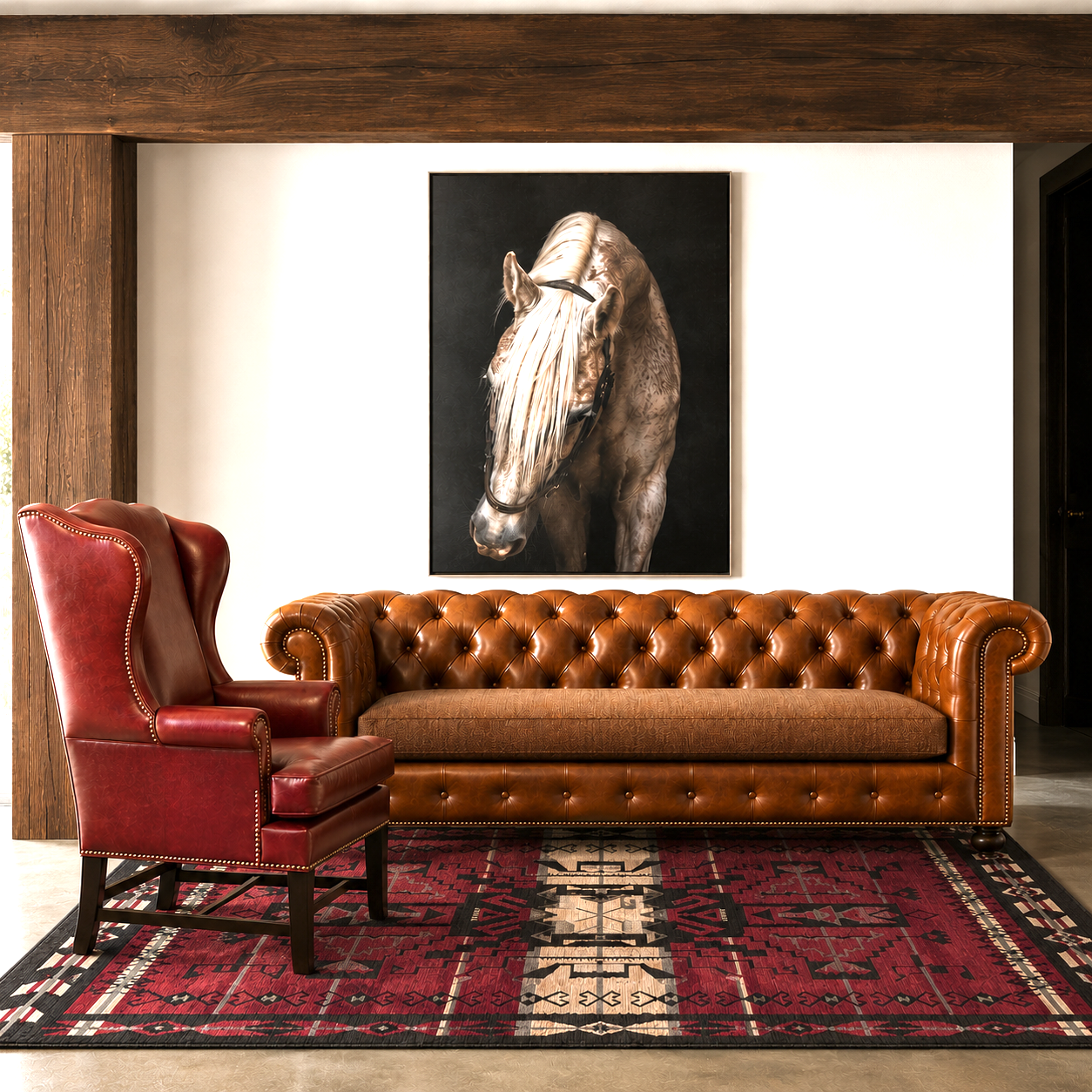 Teton Chesterfield leather sofa in luxury western living room with horse artwork and rustic modern styling