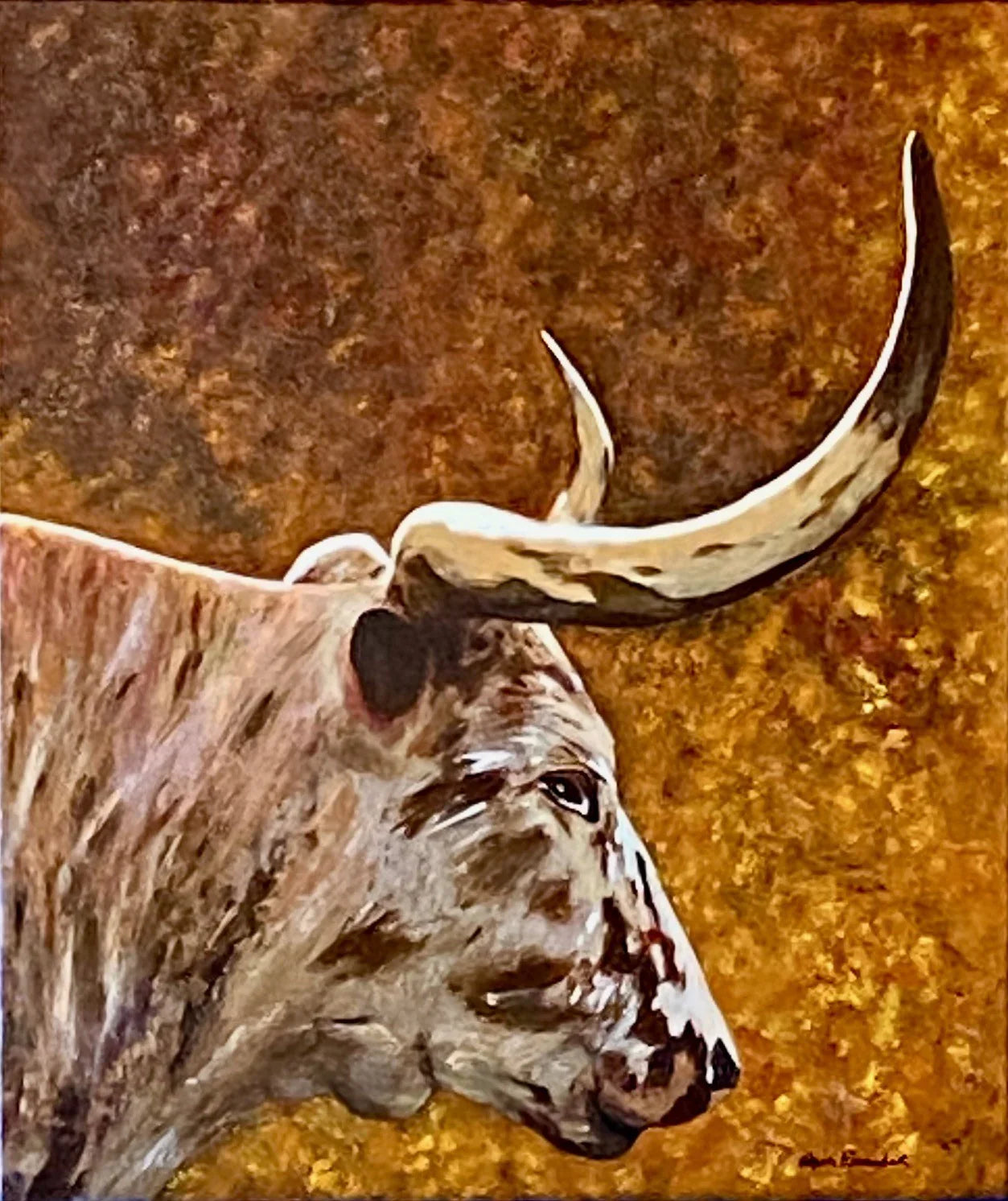 Painting of a longhorn cow's head with large horns on a textured brown and gold background - Art by Sherri Alexander made in the USA - Your Western Decor
