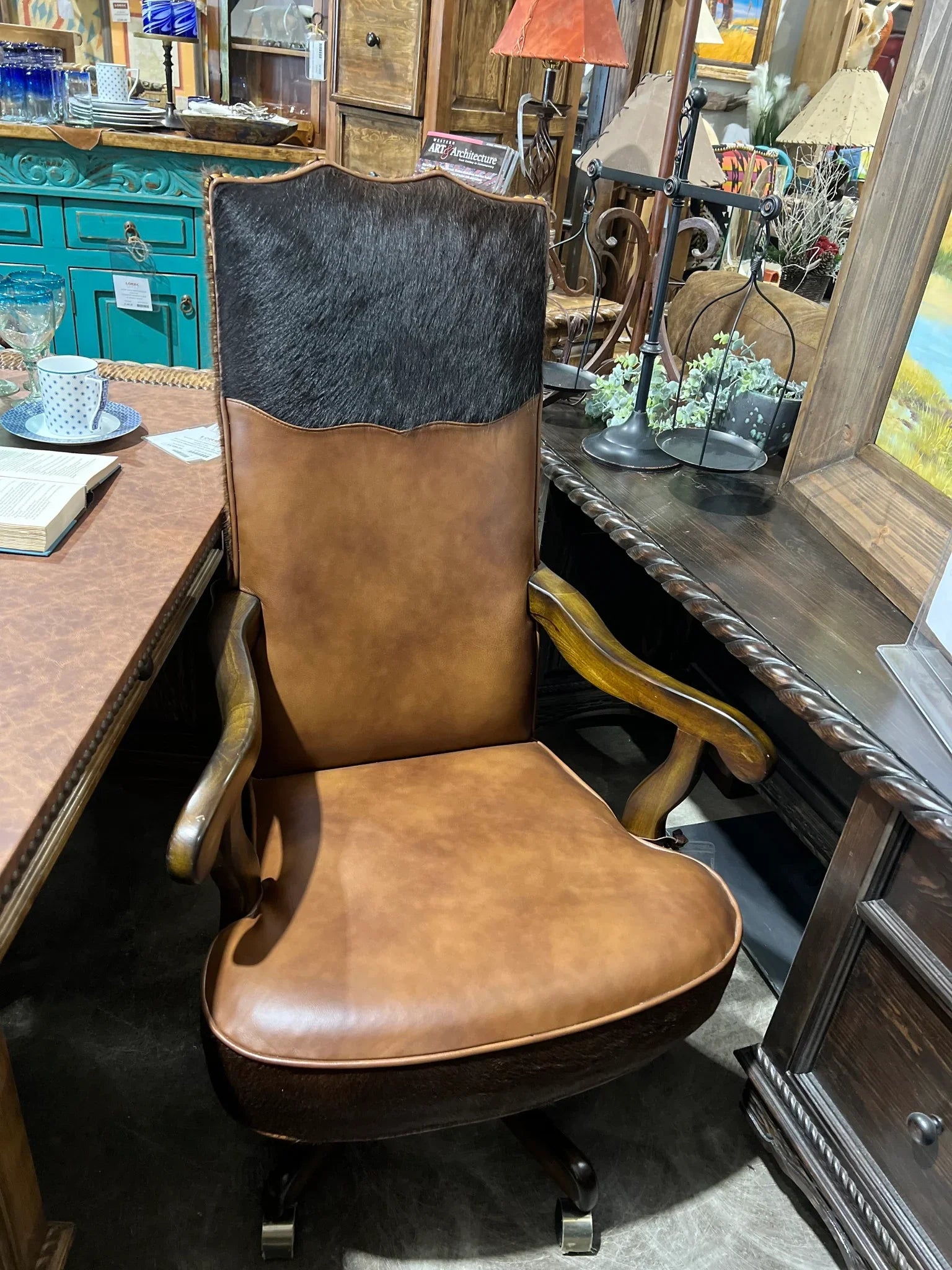 Threshers leather cowhide office chair on Tulsa King - Your Western Decor