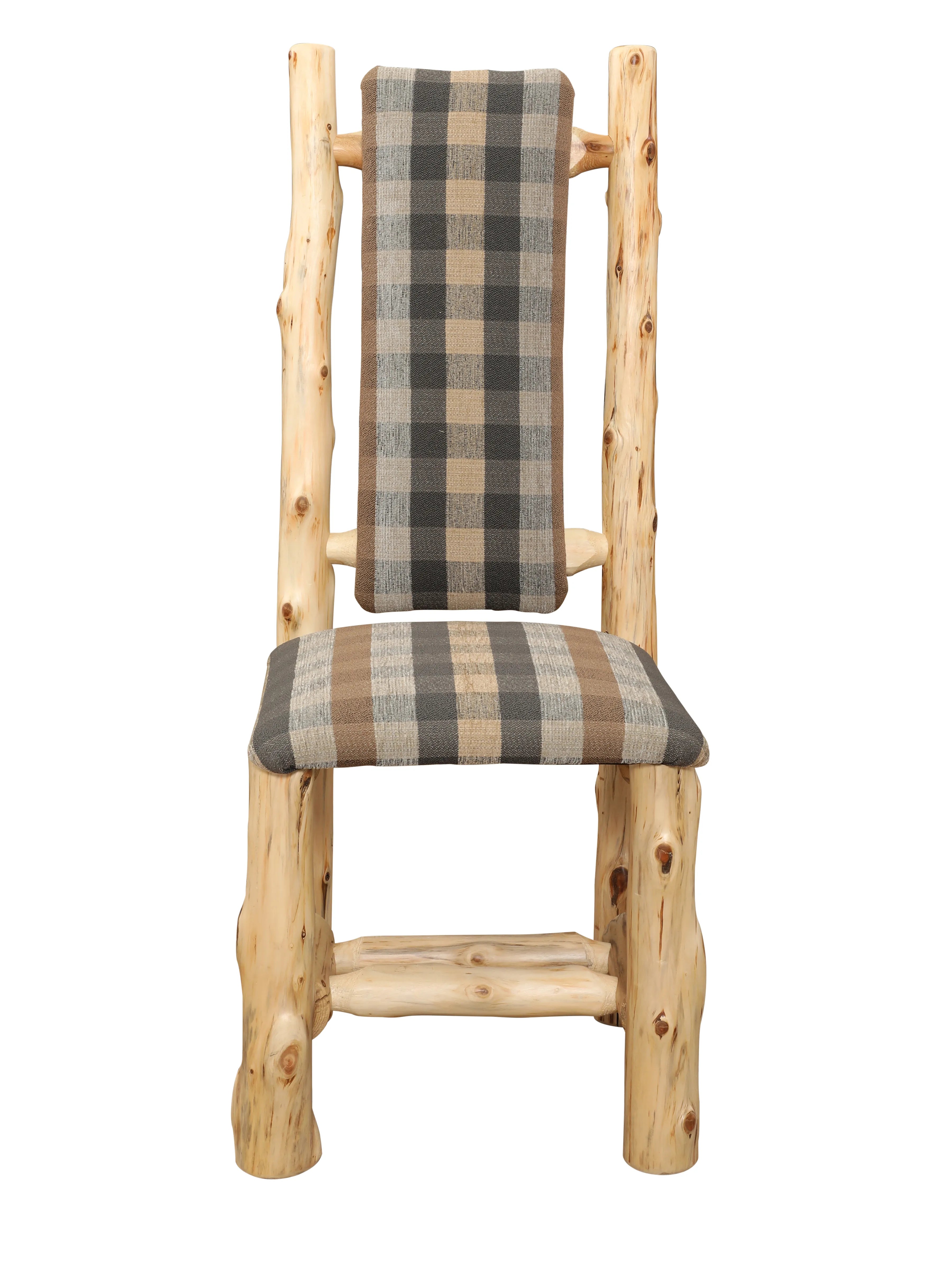 handcrafted cedar log chair plaid upholstery lodge style dining chair