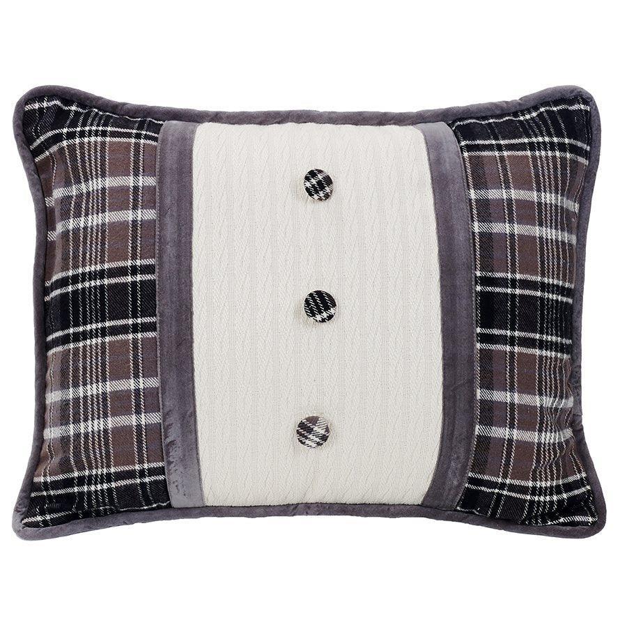 Timberline lodge tuxedo pillow with grey plaid ends, center cable knit and plaid buttons - Your Western Decor