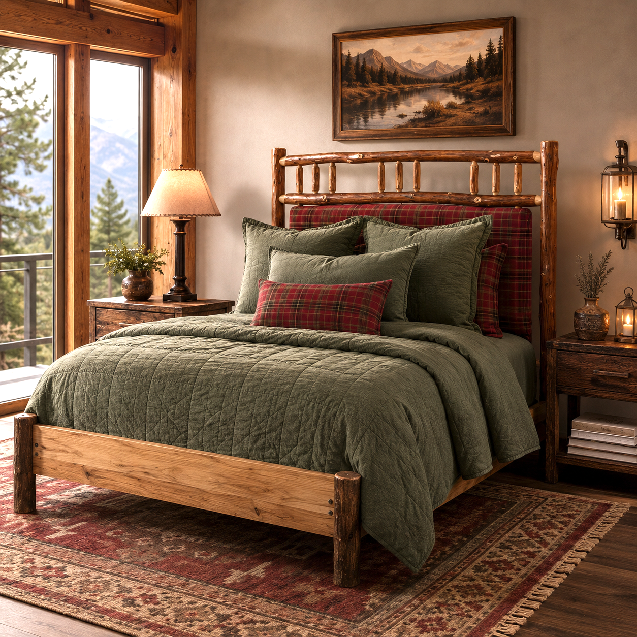Timberline Hickory wood bed with custom upholstered headboard and matching accent pillows