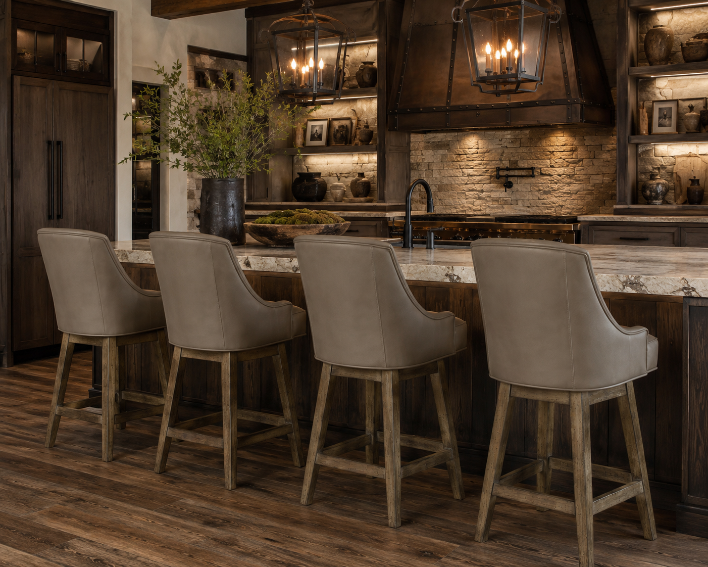 taupe leather counter stool with hardwood legs