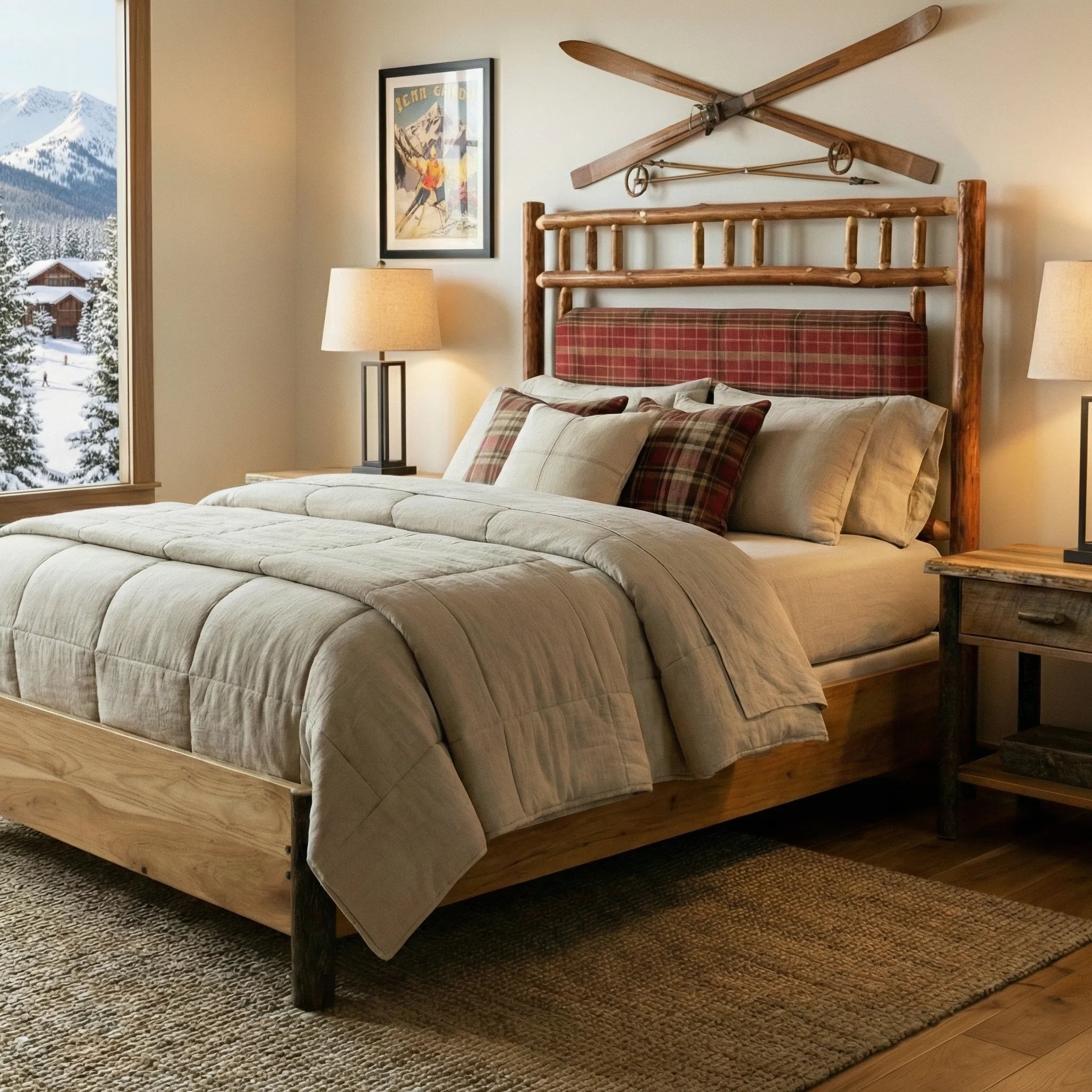 Timberline upholstered lodge bed in ski lodge bedroom