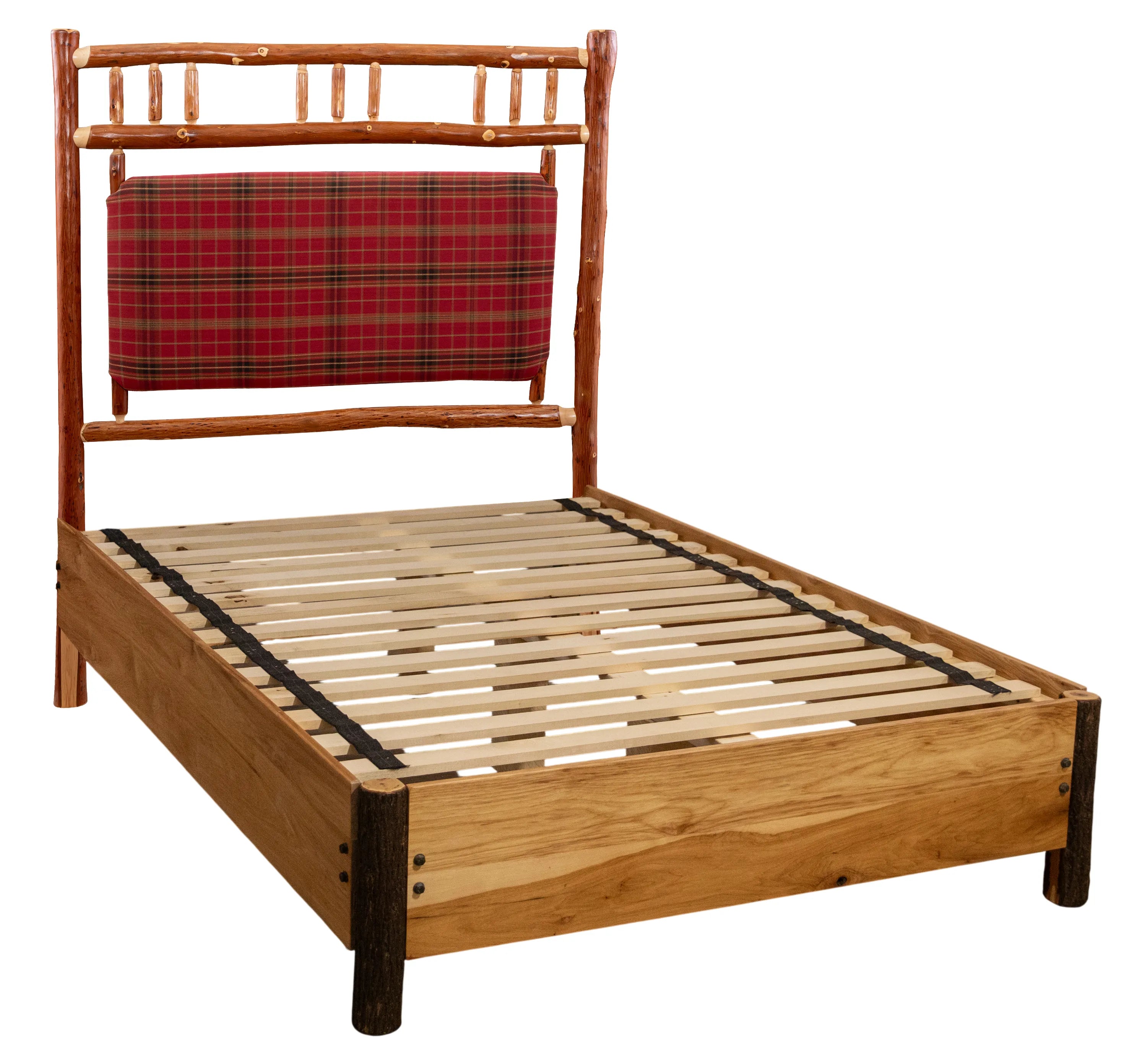 Timberline lodge platform bed with custom plaid fabric upholstered headboard