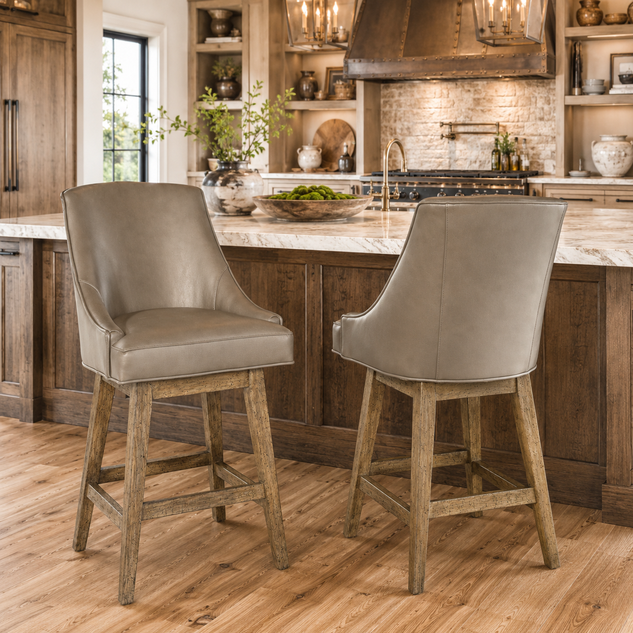 Timberline taupe leather swivel bar stool with rustic hardwood base and modern lodge styling