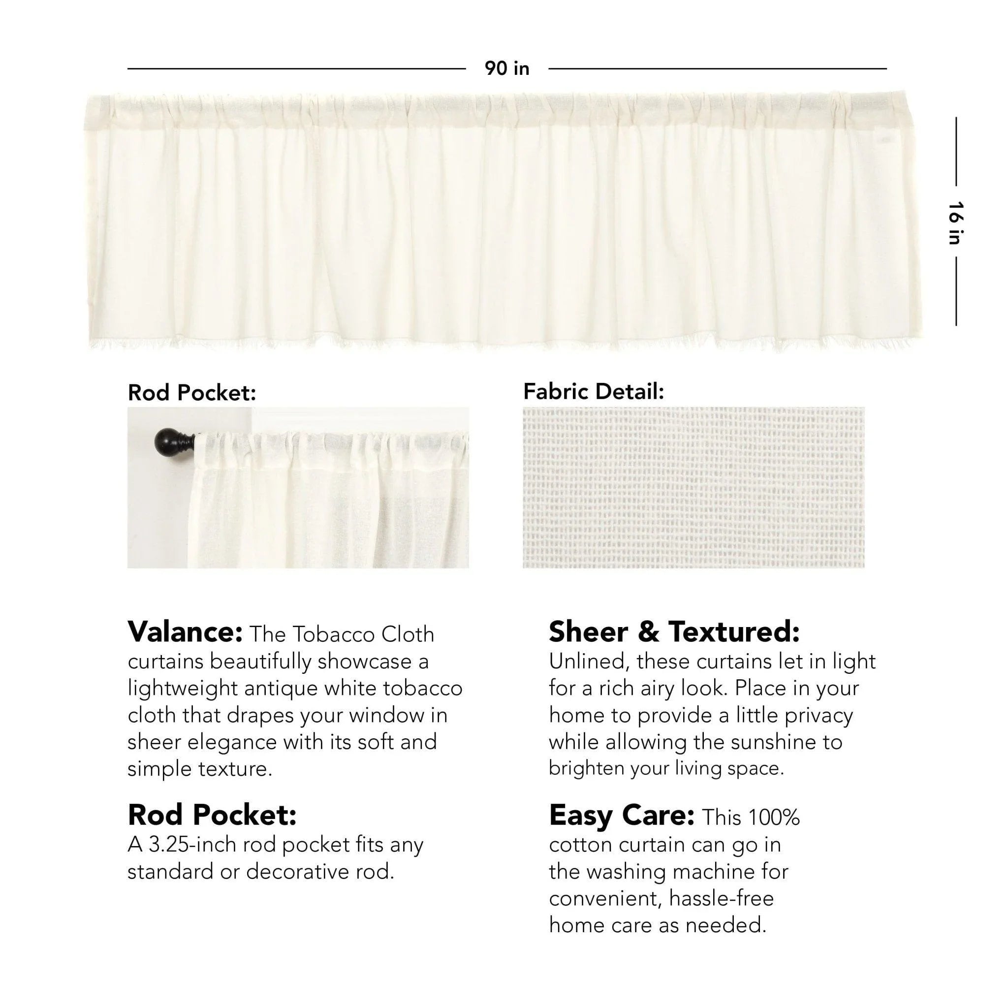 Tobacco Cloth Antique White Valance with Fringe Details - Your Western Decor