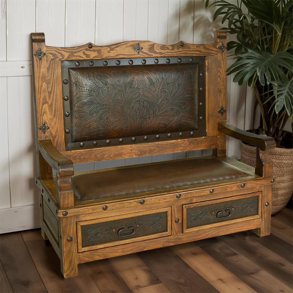 Tooled leather entryway storage bench