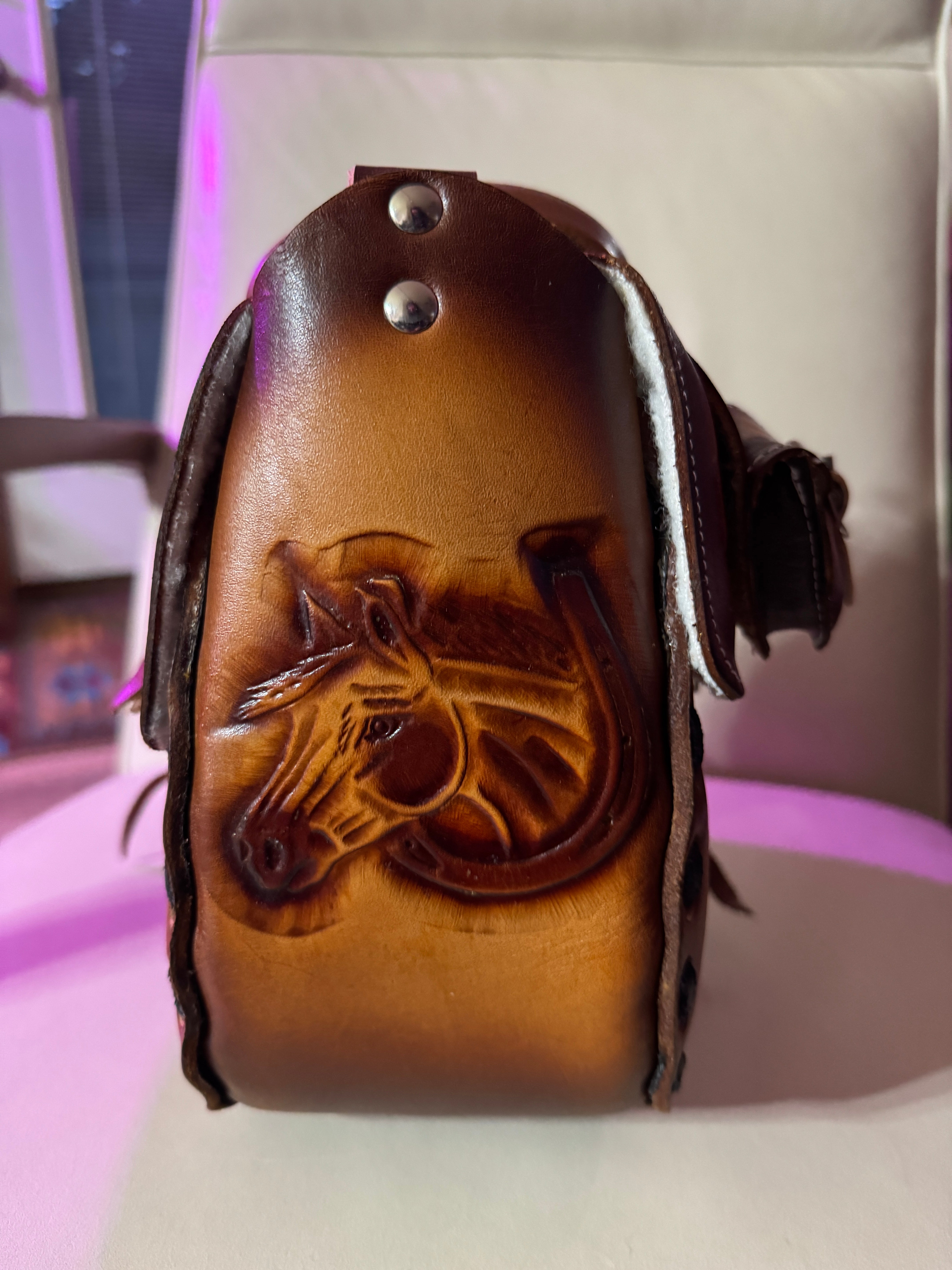 Hand embossed leather saddle purse end detail of horse and horseshoe - Your Western Decor