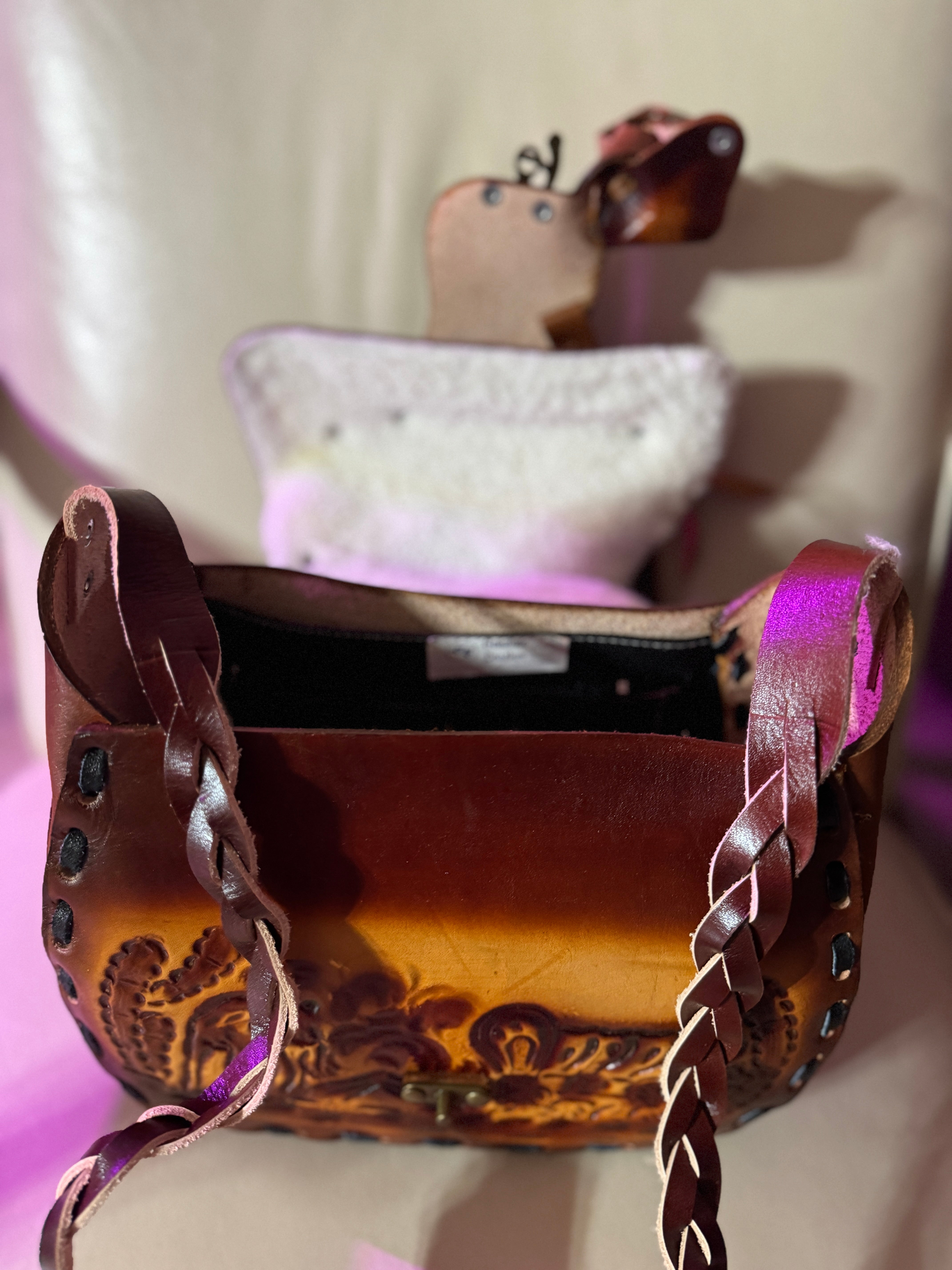 Brown tooled leather saddle purse with sherpa lined inside flap - Your Western Decor