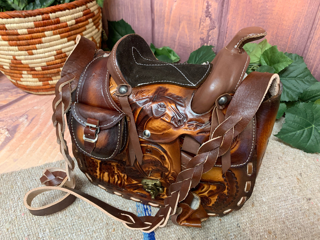 Brown handmade tooled leather saddle purse - Your Western Decor