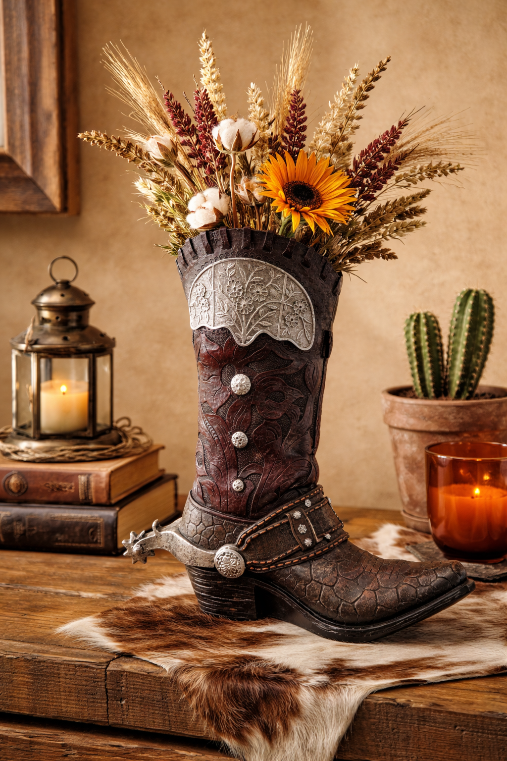 Western resin cowboy boot vase with tooled leather detailing, silver conchos, and spur accent styled on rustic wooden table with dried florals.